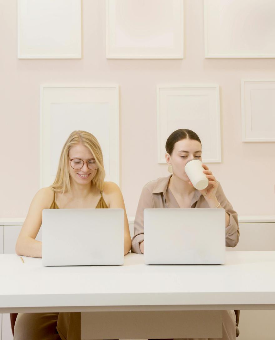 Twee jonge vrouwen aan het werk achter laptop